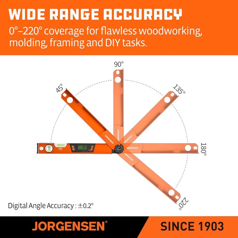 Jorgensen Digital Angle Finder, Multi Angle Finder Tool with Backlit LCD, Protractor Digital Level with Horizontal & Vertical Bubble - Image 4